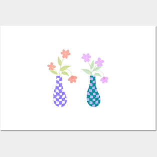 Pair of Checkered Vases with Pink and Purple Flowers Posters and Art